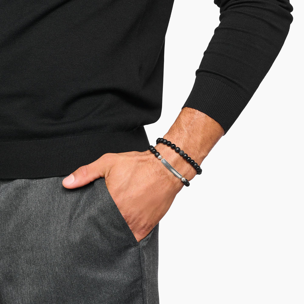 THOMAS SABO Engraved bracelet with obsidian beads