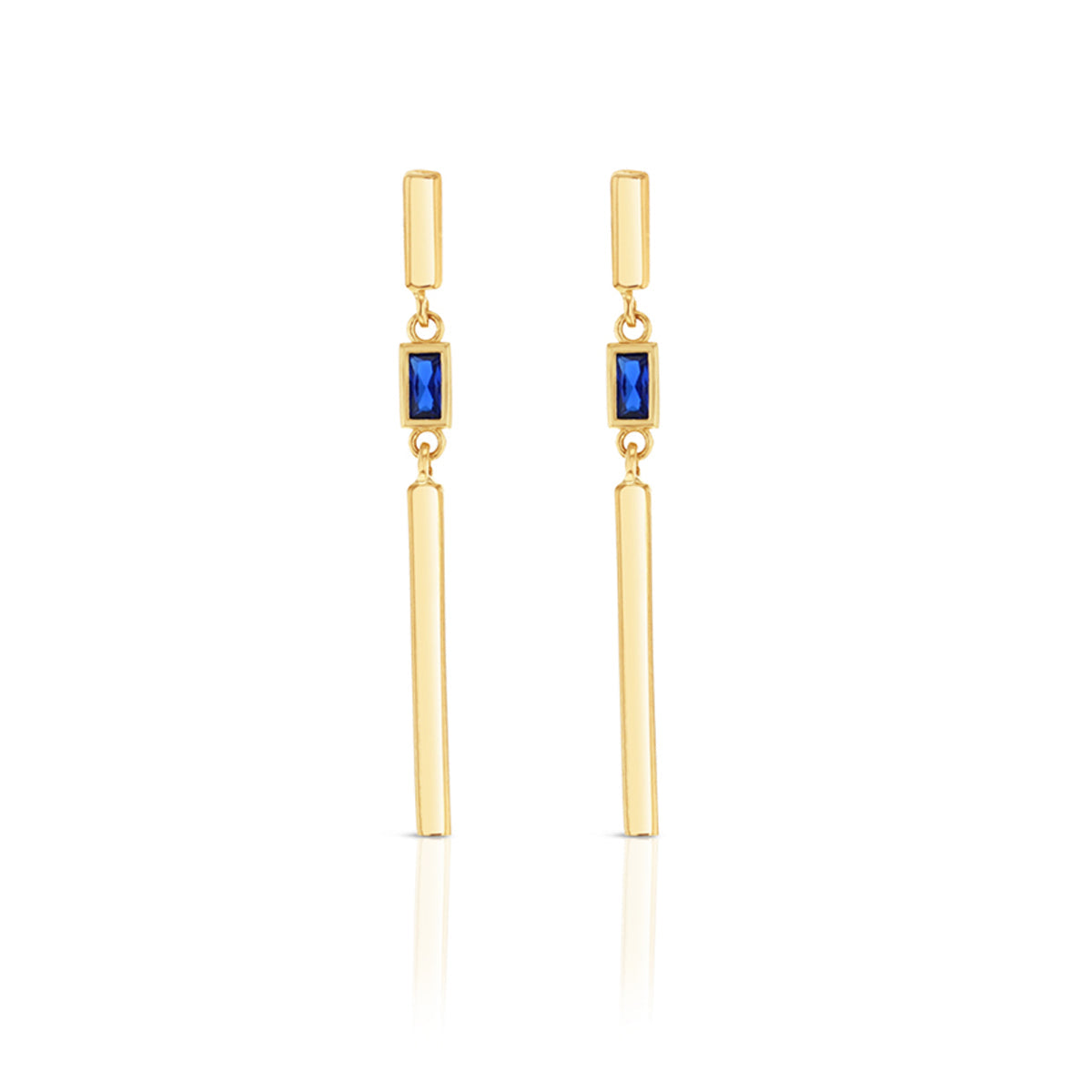 9ct Yellow Gold Blue Stone Vertical Plain Bar Drop Studs