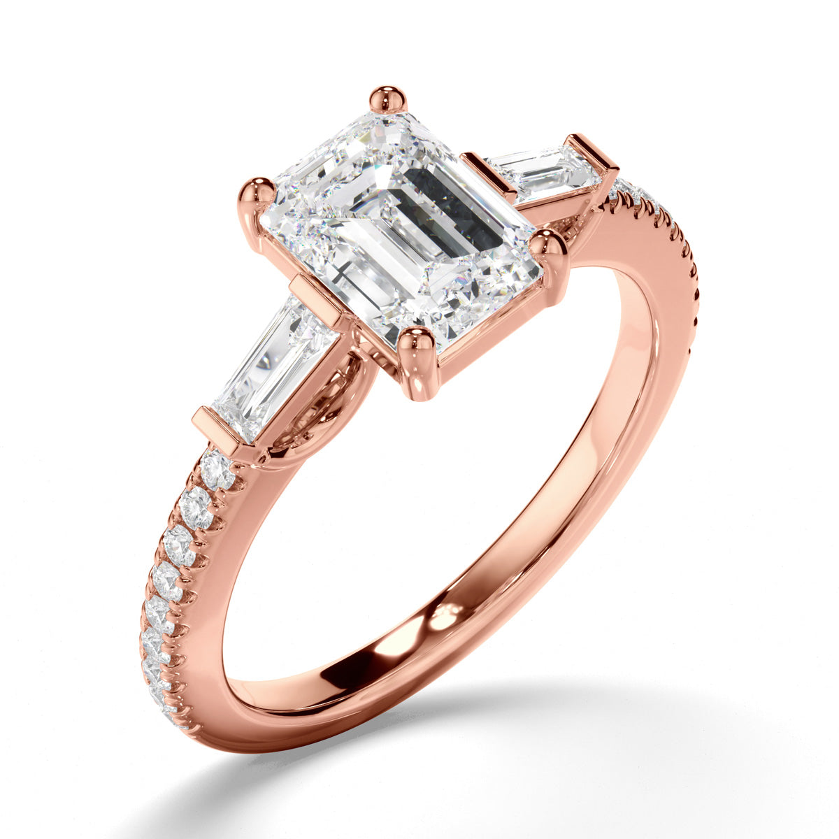 Emerald Cut Diamond Engagement Ring with Baguette & Pave Sides