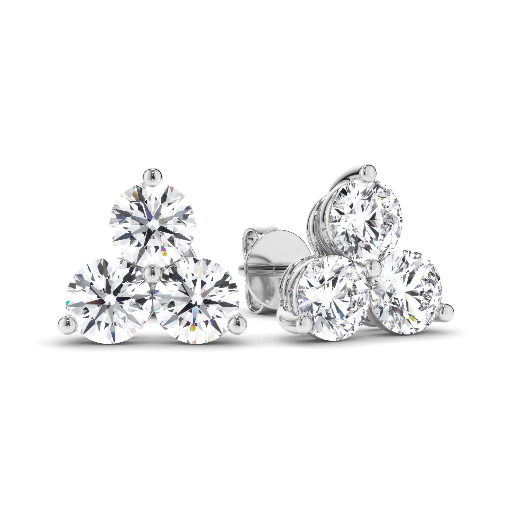 Round Brilliant Cut Diamond 3-Stone Stud Earrings