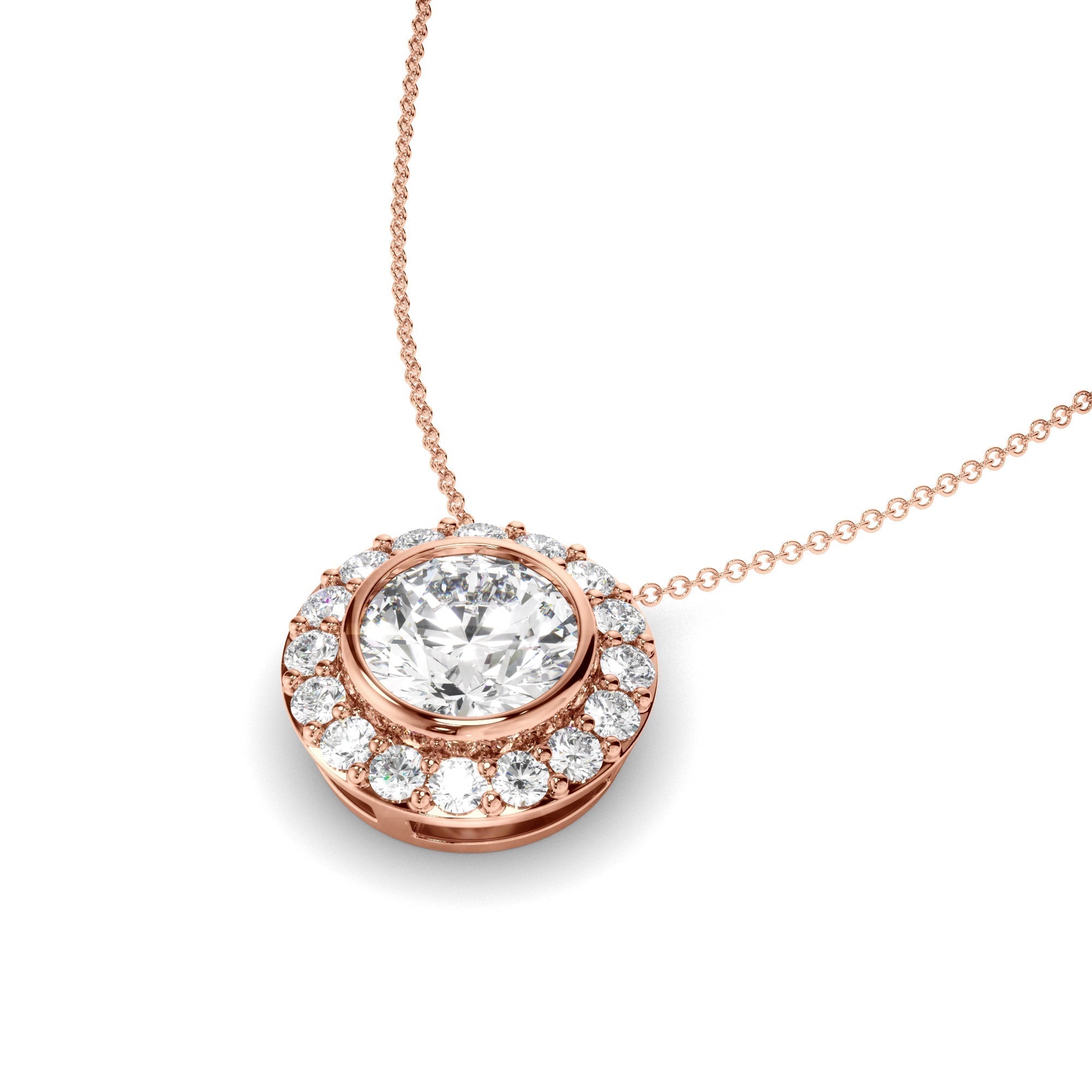 Round Brilliant Cut Diamond Bezel Set Halo Necklet