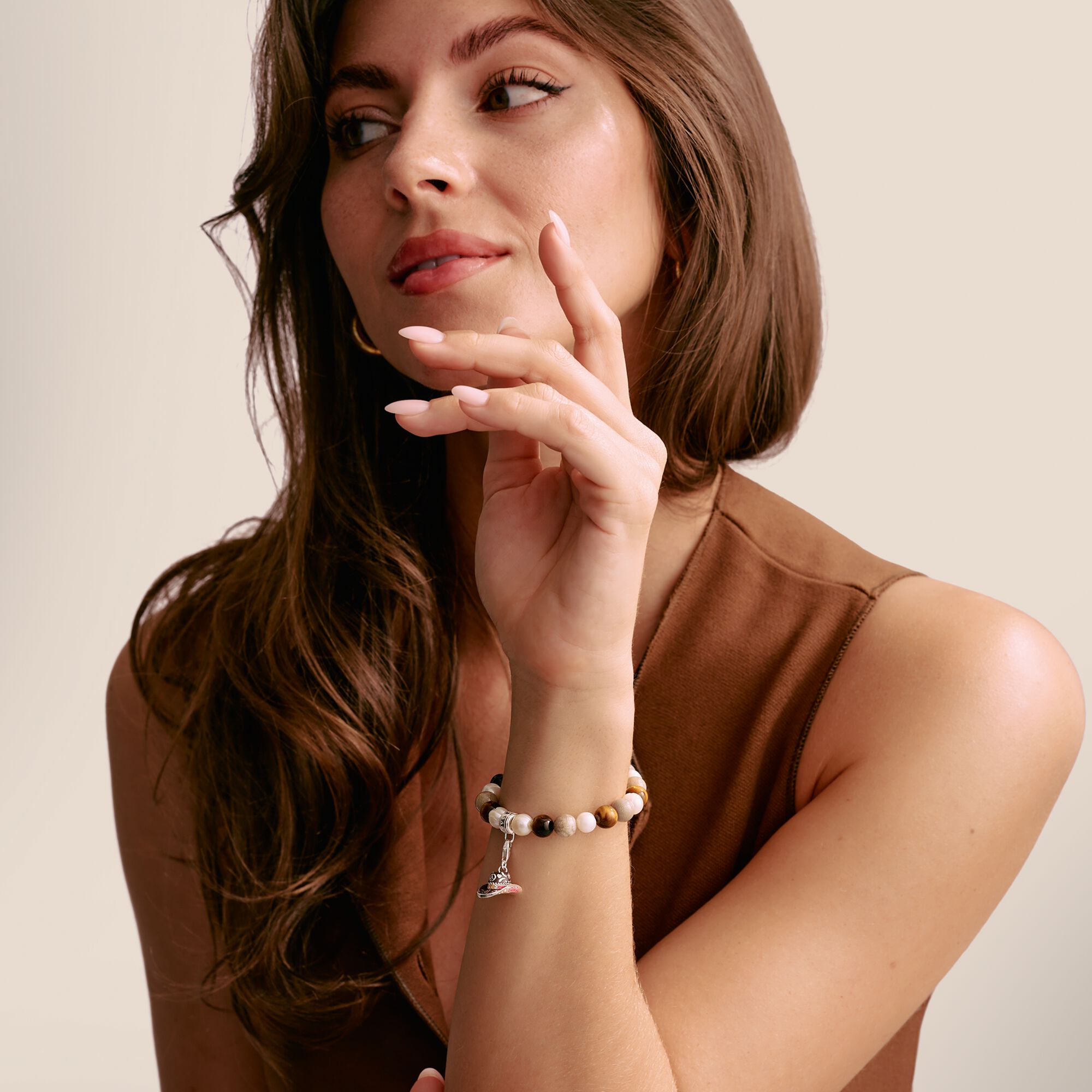 THOMAS SABO Charm Bracelet with Jasper & Tiger's Eye Beads