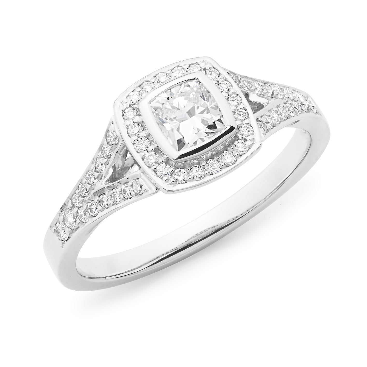 18ct White Gold Cushion & Brilliant Cut 0.53ct Diamond Halo Engagement Ring
