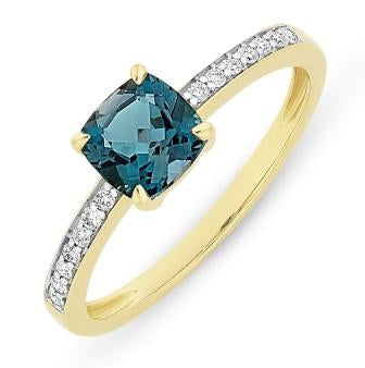 9ct Yellow Gold London Blue Topaz & Diamond Ring