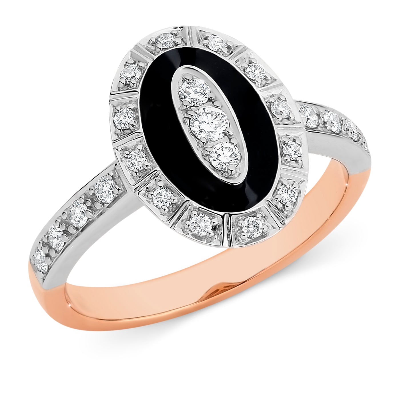 Clara' Diamond & Black Enamel Ring in 9ct Rose & White Gold