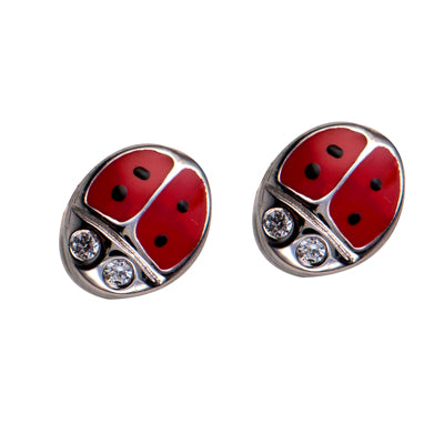 Sterling Silver, Enamel & Cubic Zirconia Lady Bird Earrings
