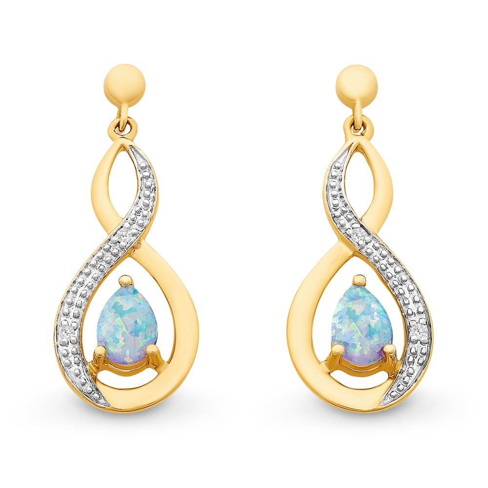9Ct Gold Created Opal & Diamond Earrings