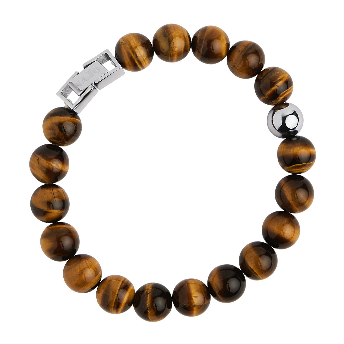 NAJO Atlas 10mm Tiger Eye & Steel Bracelet (21+ext)
