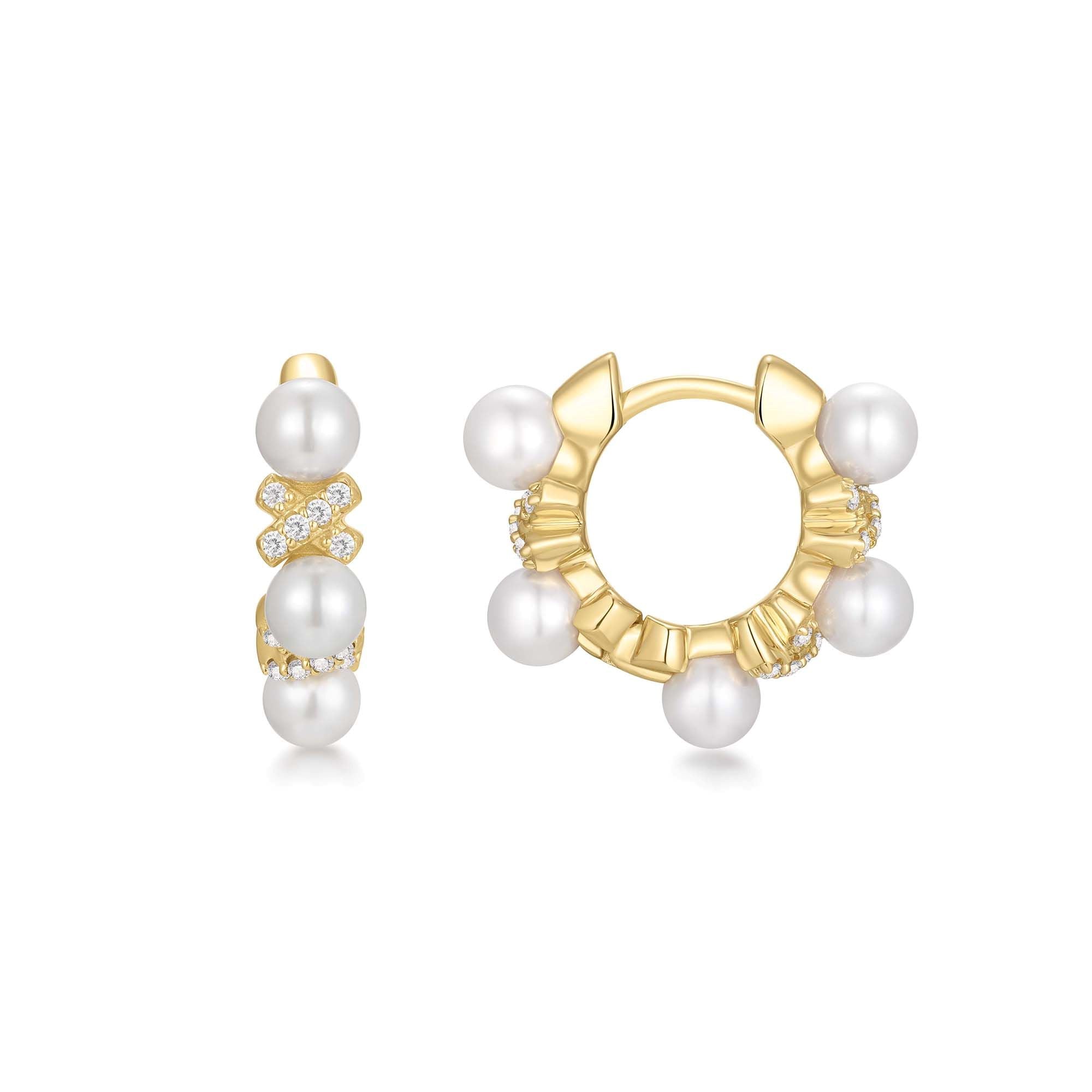 Gold Sparkling Braided Shell Pearl Huggie Hoop Earrings