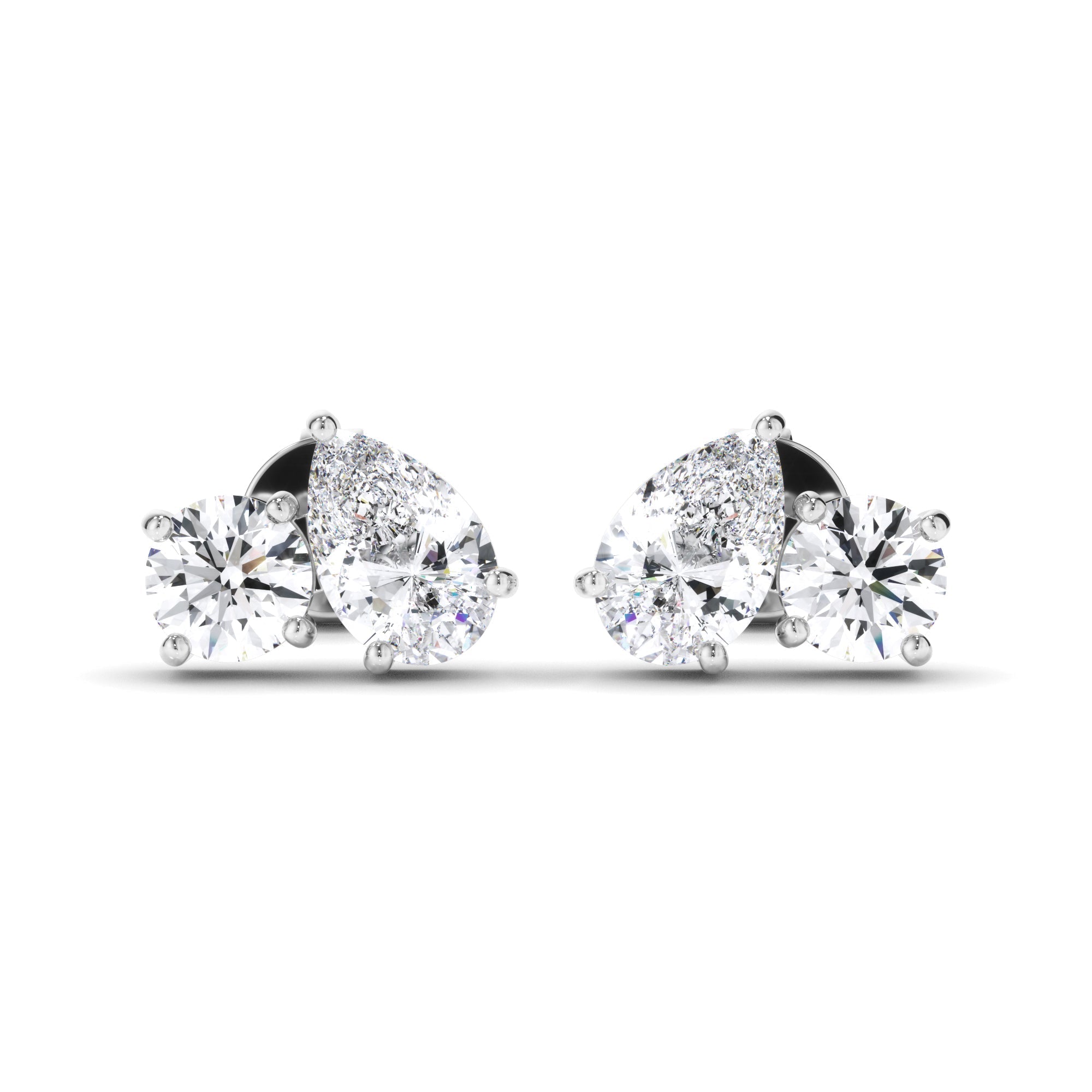 Pear & Round Brilliant Cut Diamond Toi et Moi Stud Earrings