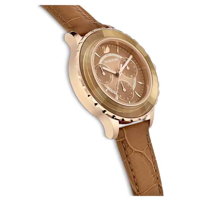 Swarovski Octea Lux Chrono watch Swiss Made, Leather strap, Brown, Gold-tone finish