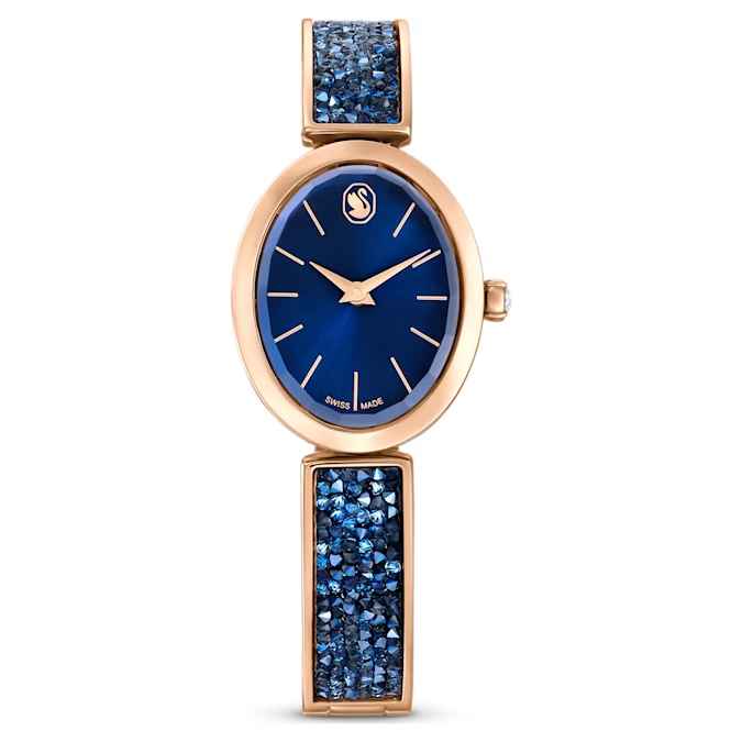Swarovski Crystal Rock Oval watch Swiss Made, Metal bracelet, Blue, Rose gold-tone finish