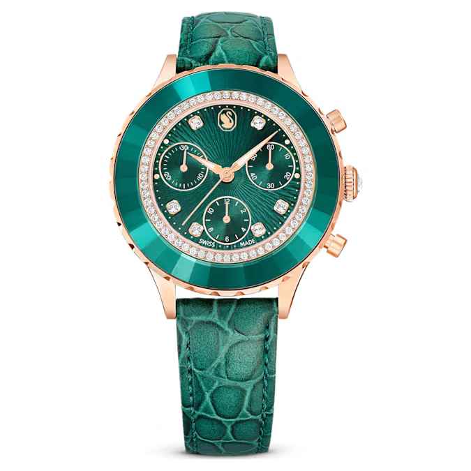 Swarovski Octea Chrono watch Swiss Made, Leather strap, Green, Rose gold-tone finish