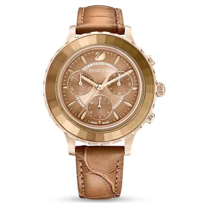 Swarovski Octea Lux Chrono watch Swiss Made, Leather strap, Brown, Gold-tone finish
