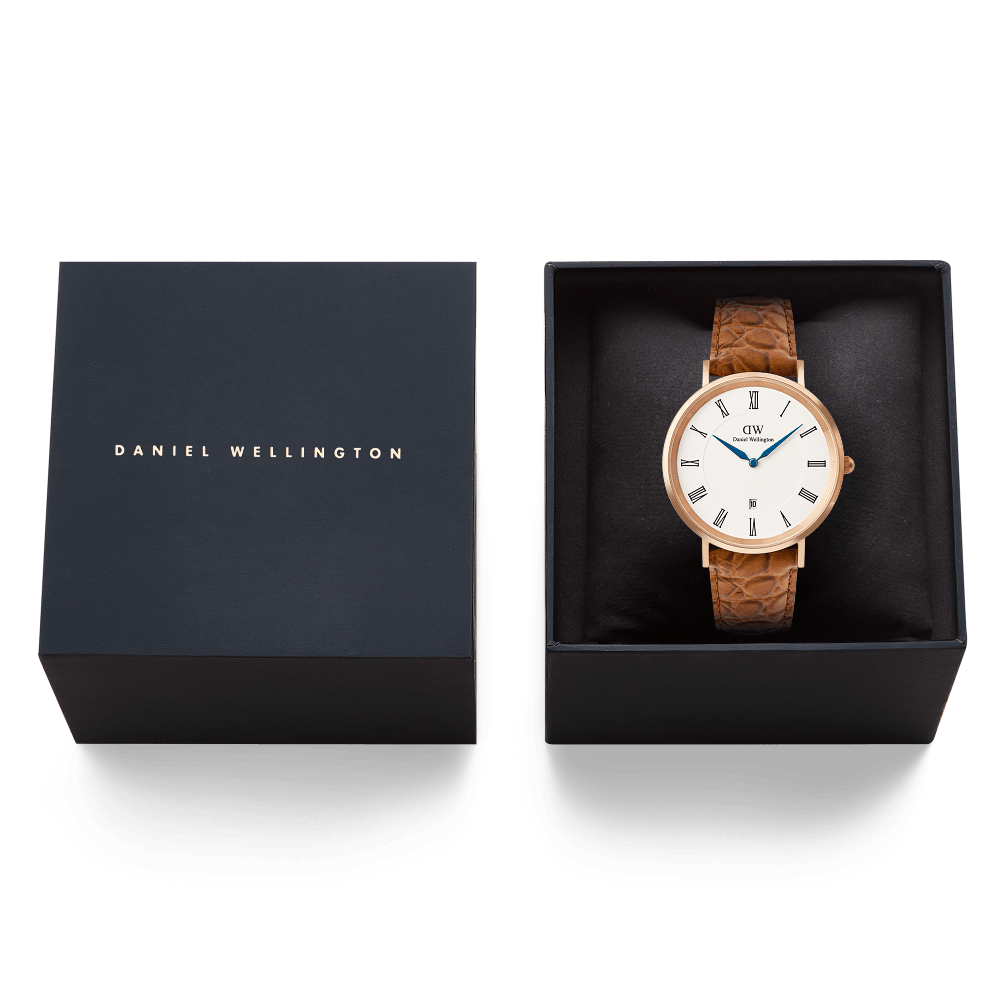 Daniel Wellington Classic Roman Numerals Date Light Brown Croc Belly Rose Gold