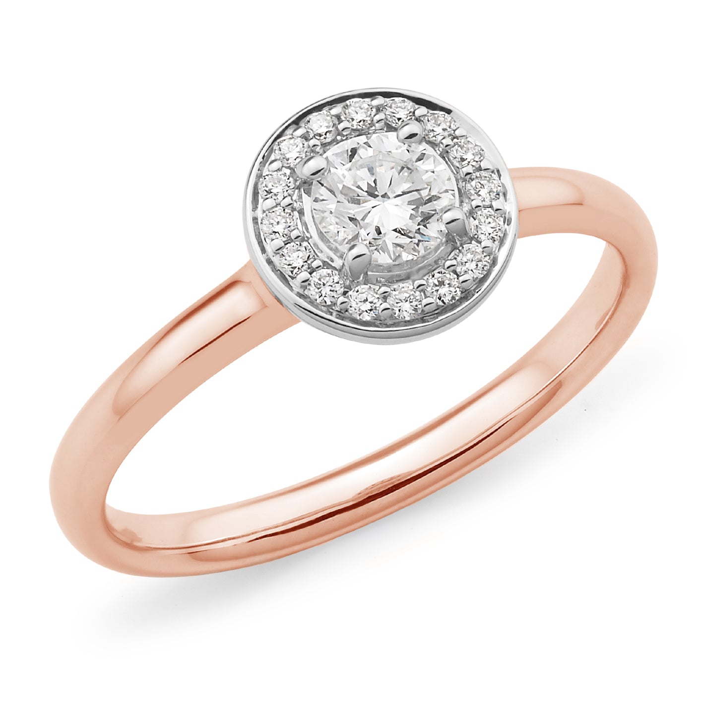 18ct Rose Gold Round Brilliant Cut 0.38ct Diamond Halo Engagement Ring