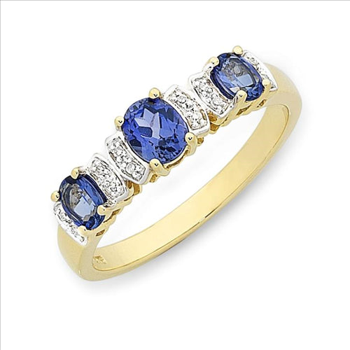 9ct Yellow gold Created Sapphire & Diamond Ring