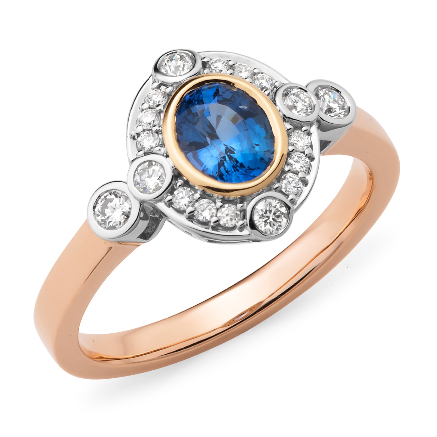 Ada' Oval Cut Ceylon Sapphire Diamond Ring in Yellow, Rose & White Gold