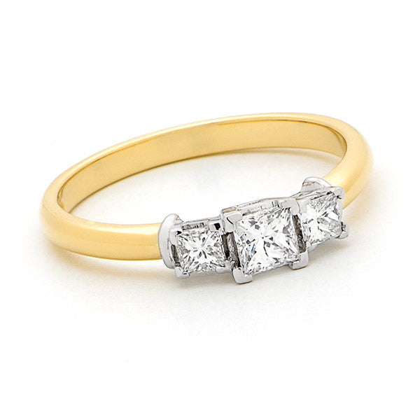 18ct Yellow Gold Princess Cut 0.46ct Diamond Trilogy Engagement Ring