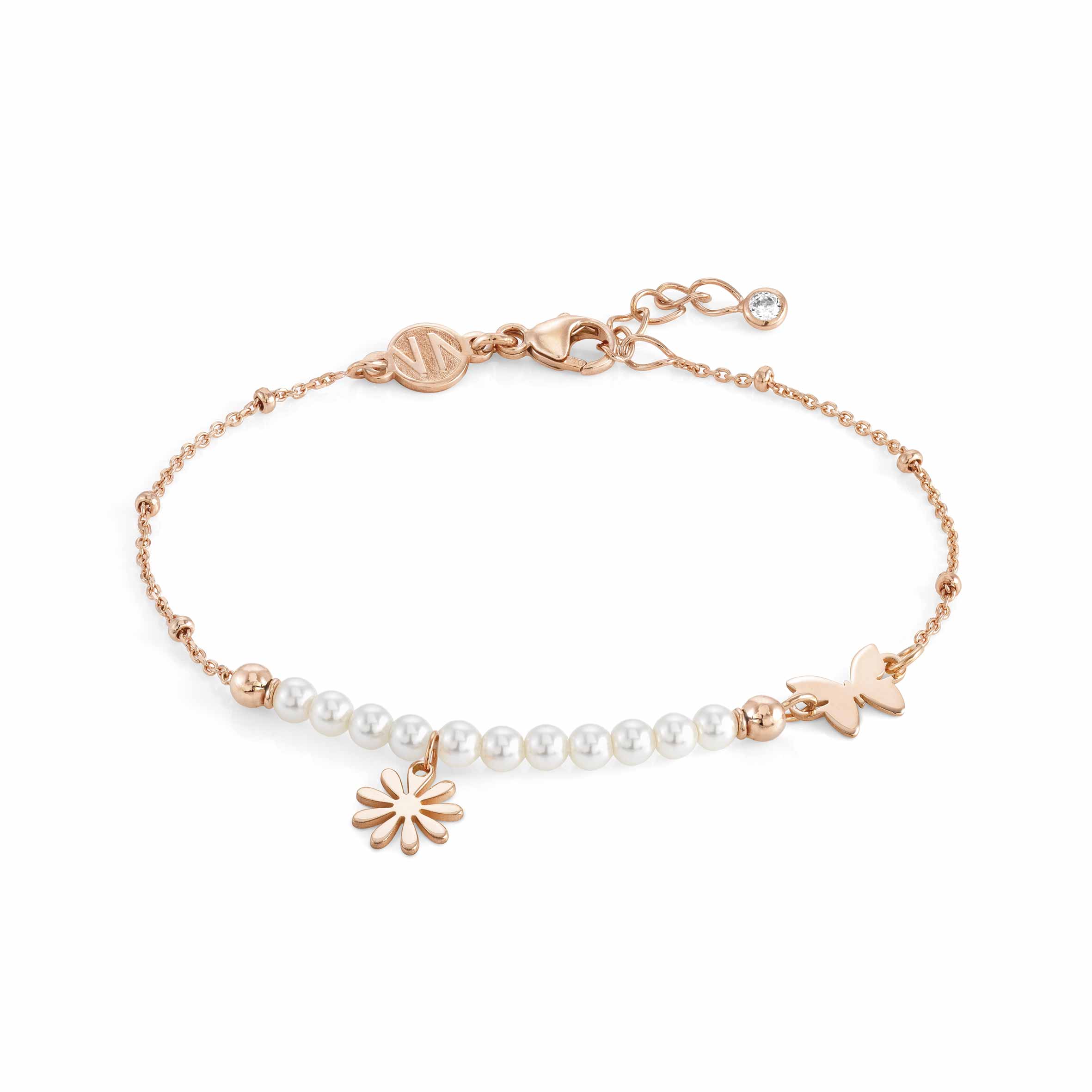 Nomination Melodie White Crystal Pearl Bracelet 147710/061 With Rose Gold Flower