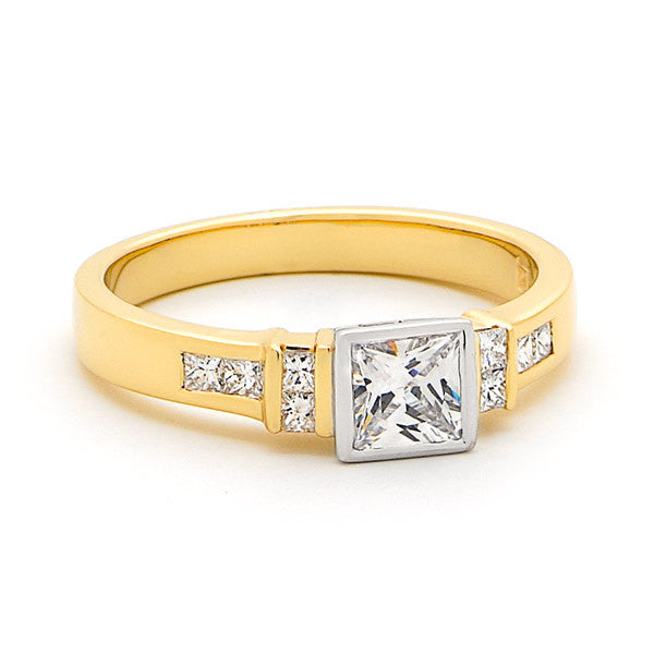 18ct Yellow Gold Princess Cut Diamond Bezel Set Engagement Ring