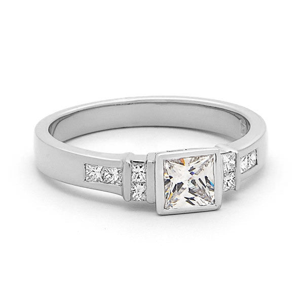 18ct Yellow Gold Princess Cut Diamond Bezel Set Engagement Ring