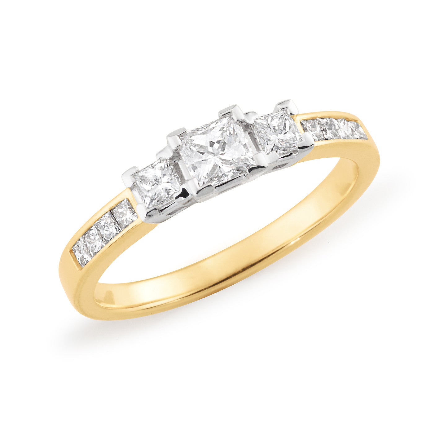18ct Yellow Gold Princess Cut 0.64ct Diamond Trilogy Engagement Ring