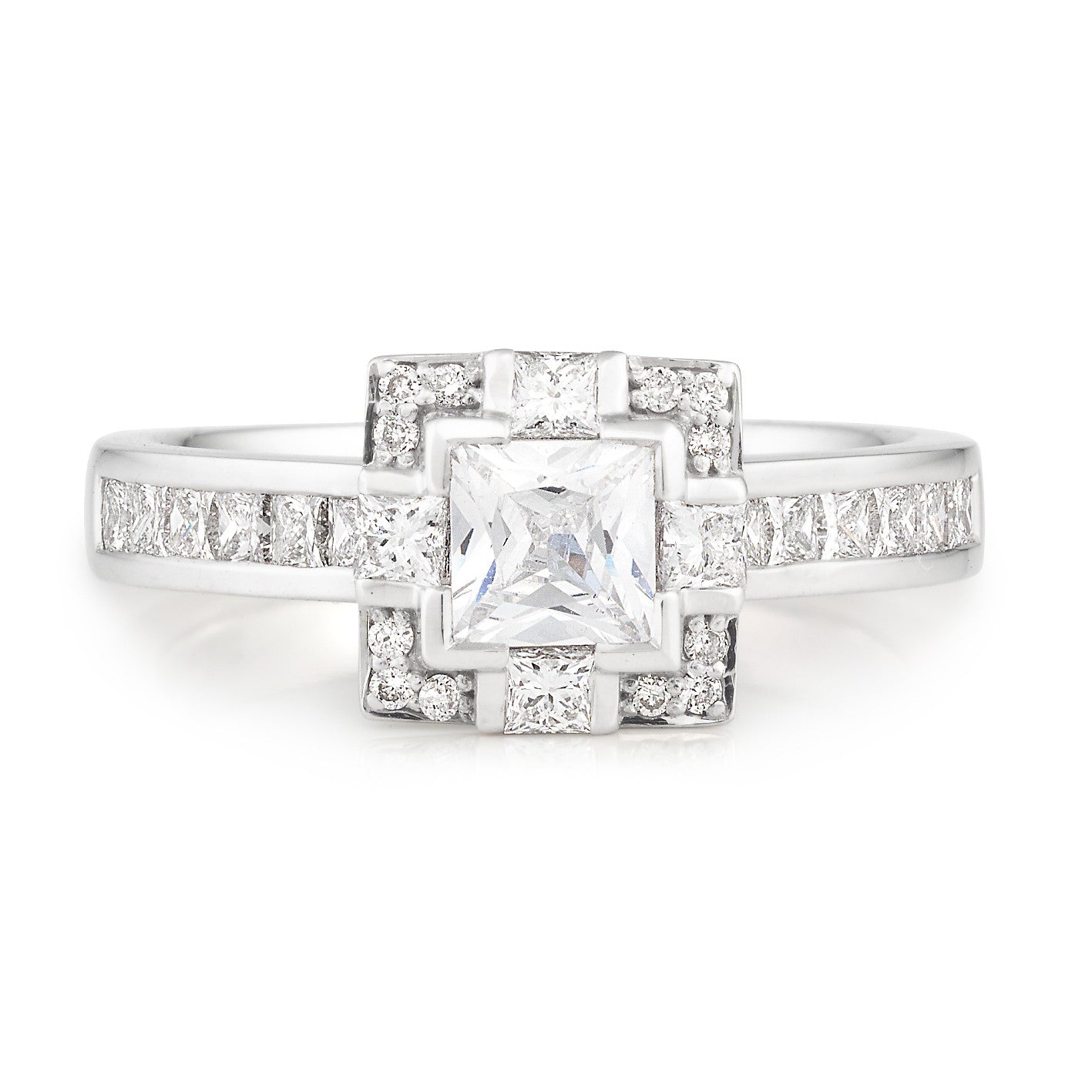18ct White Gold Princess Cut 1.08ct Diamond Halo Engagement Ring