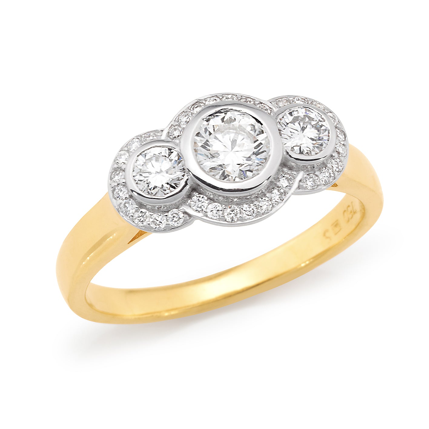 18ct White Gold Round Brilliant Cut Diamond Trilogy Halo Engagement Ring