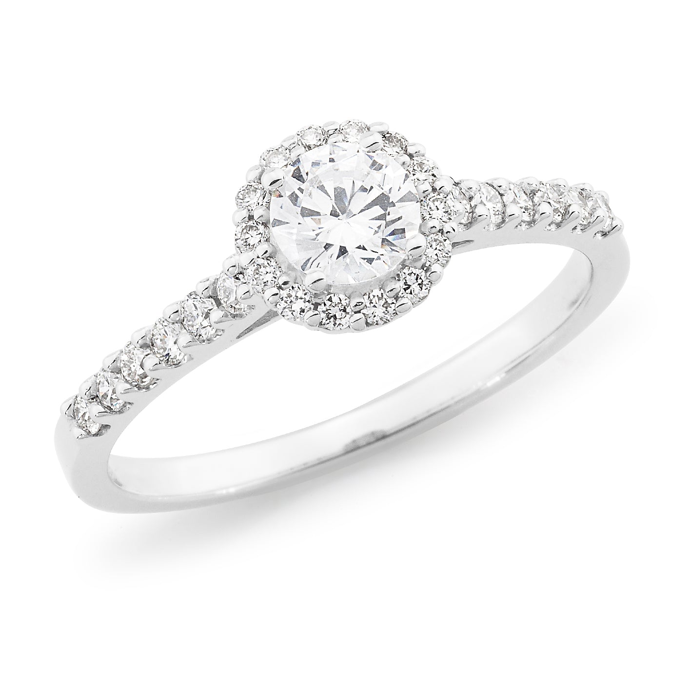 18ct White Gold Round Brilliant Cut 0.685ct Diamond Halo Engagement Ring