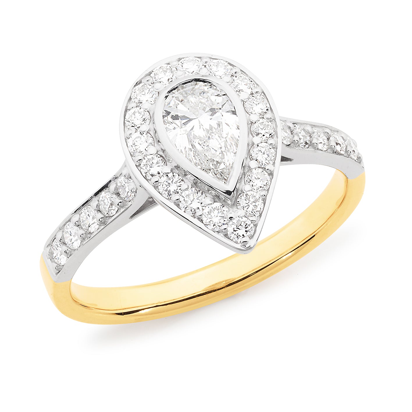 18ct Yellow Gold Pear Cut 0.90ct Diamond Halo Engagement Ring