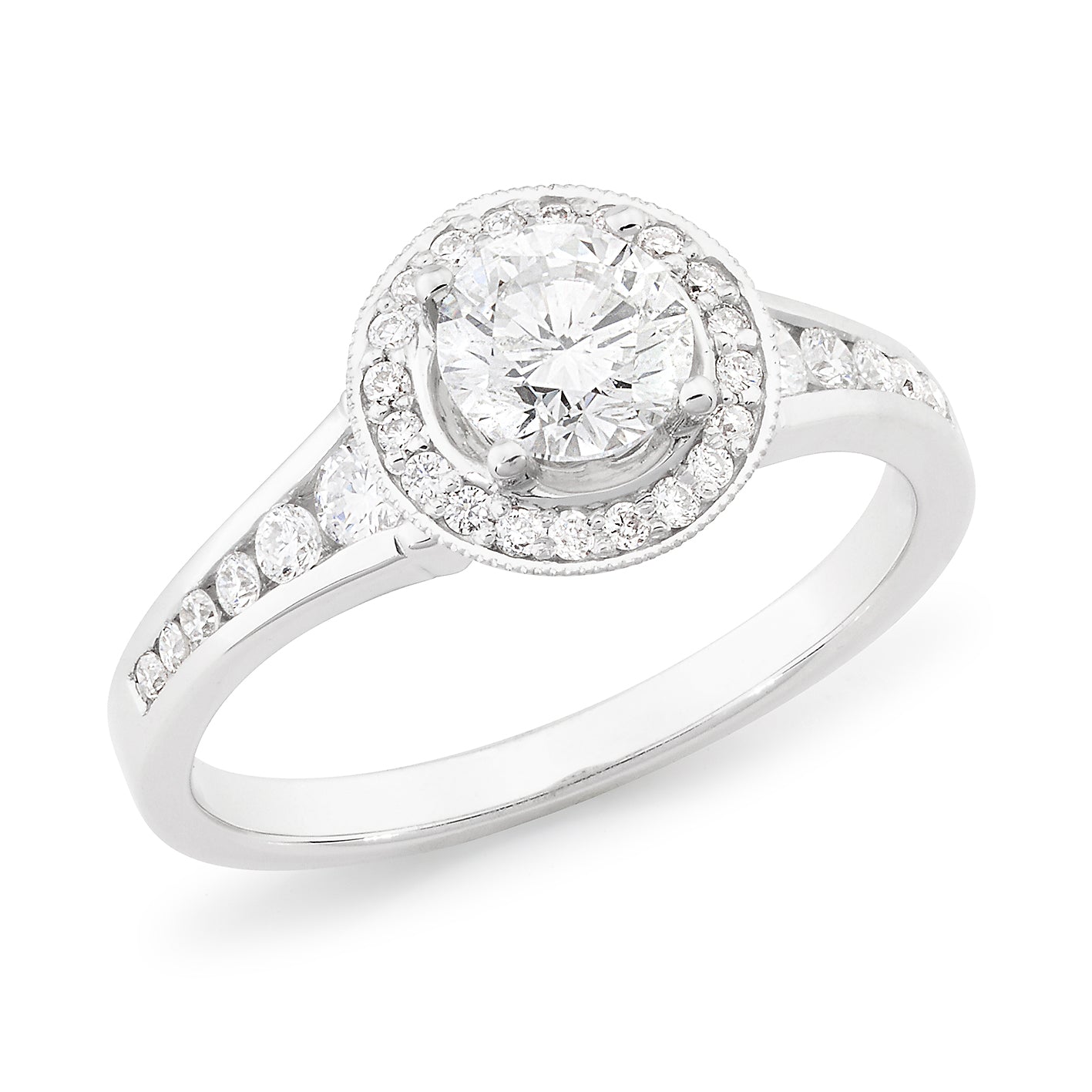 18ct White Gold Round Brilliant Cut 1.08ct Diamond Halo Engagement Ring