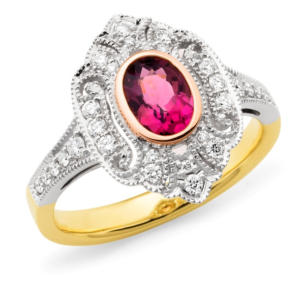 Valentina' Pink Tourmaline & Diamond Ring in 9ct Yellow, White & Rose Gold
