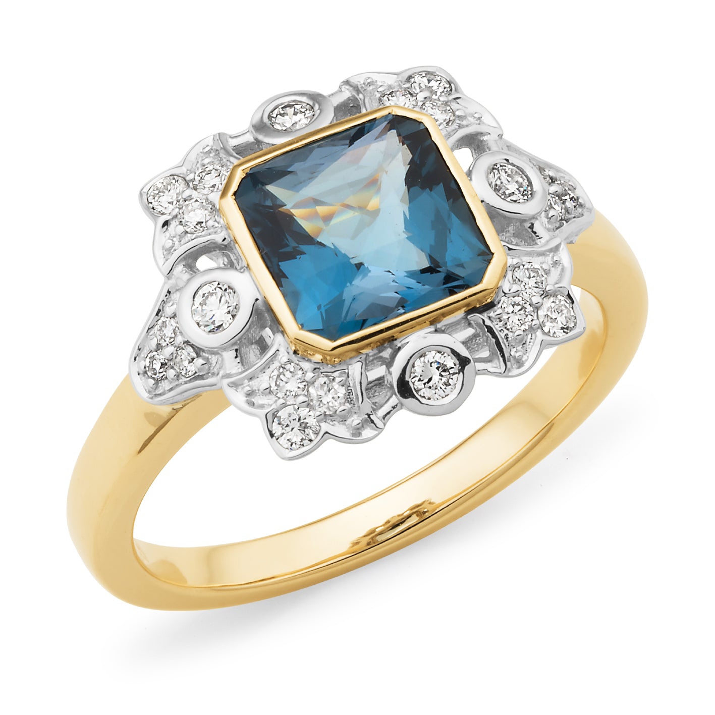 Florence' London Blue Topaz & Diamond Ring in 9ct Yellow Gold