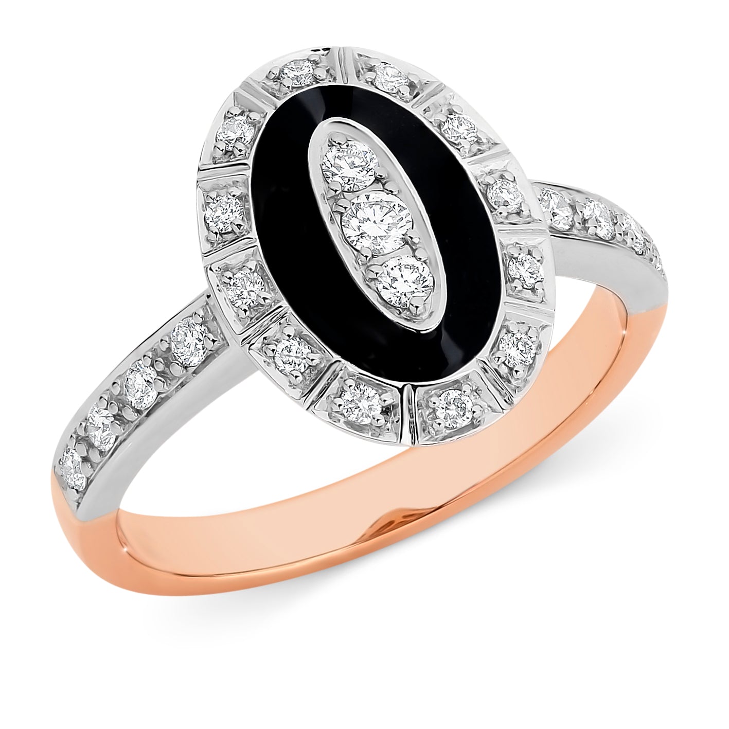 Clara' Diamond & Black Enamel Ring in 9ct Rose & White Gold