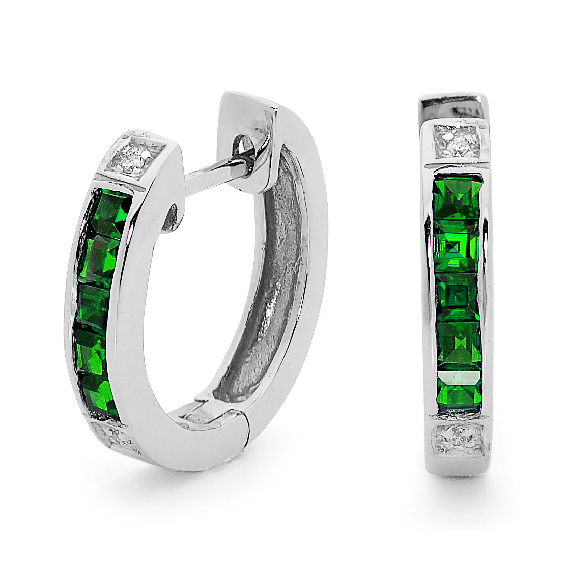 Emerald and Cubic Zirconia Silver Huggie Earrings