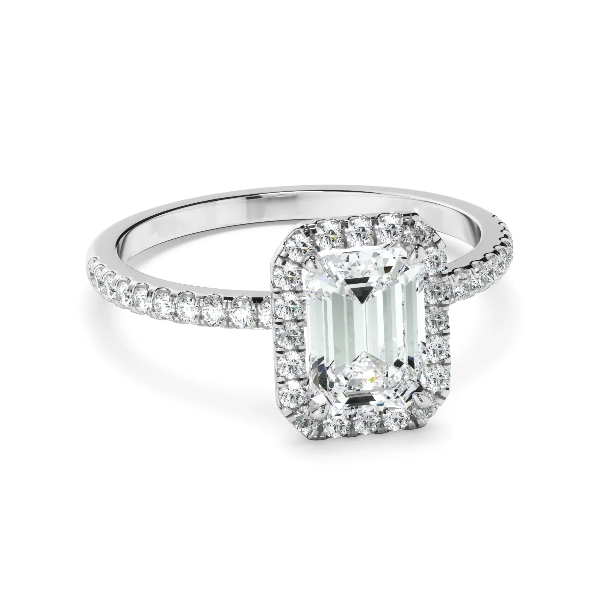 Emerald Cut Diamond Halo Engagement Ring With Pave Band