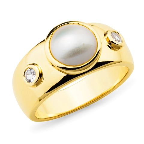 9ct Yellow Gold Mabe Pearl & White Sapphire Ring
