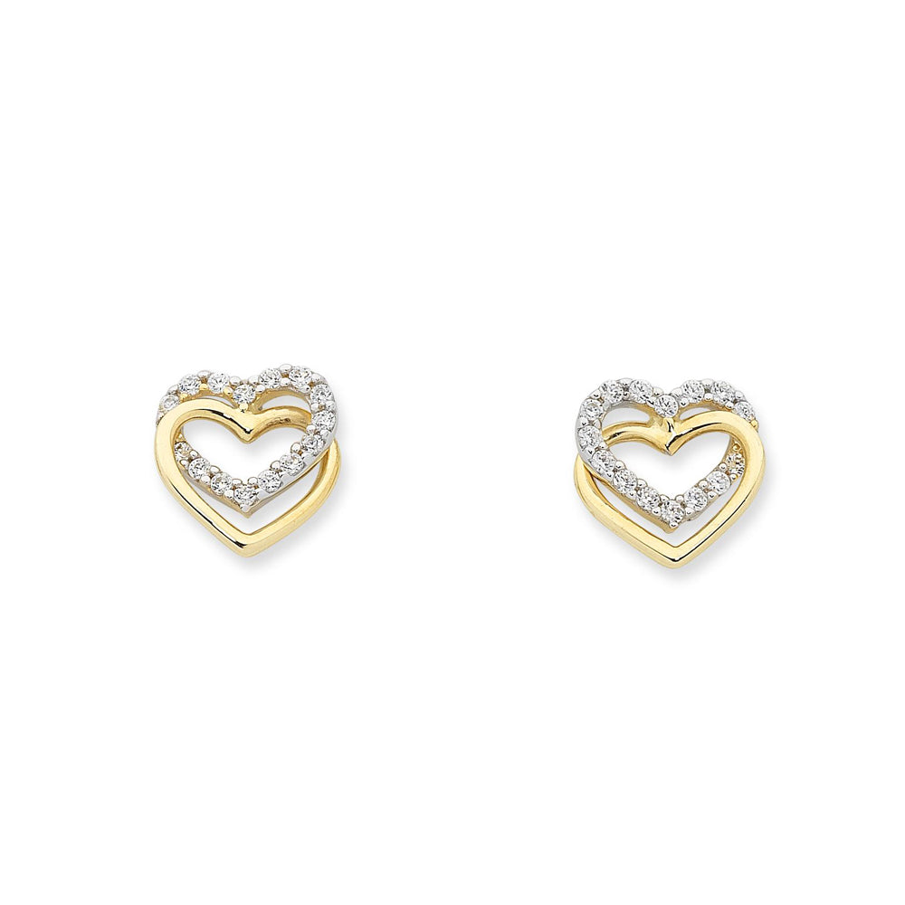 9ct Two Tone Gold Cubic Zirconia Heart Earrings
