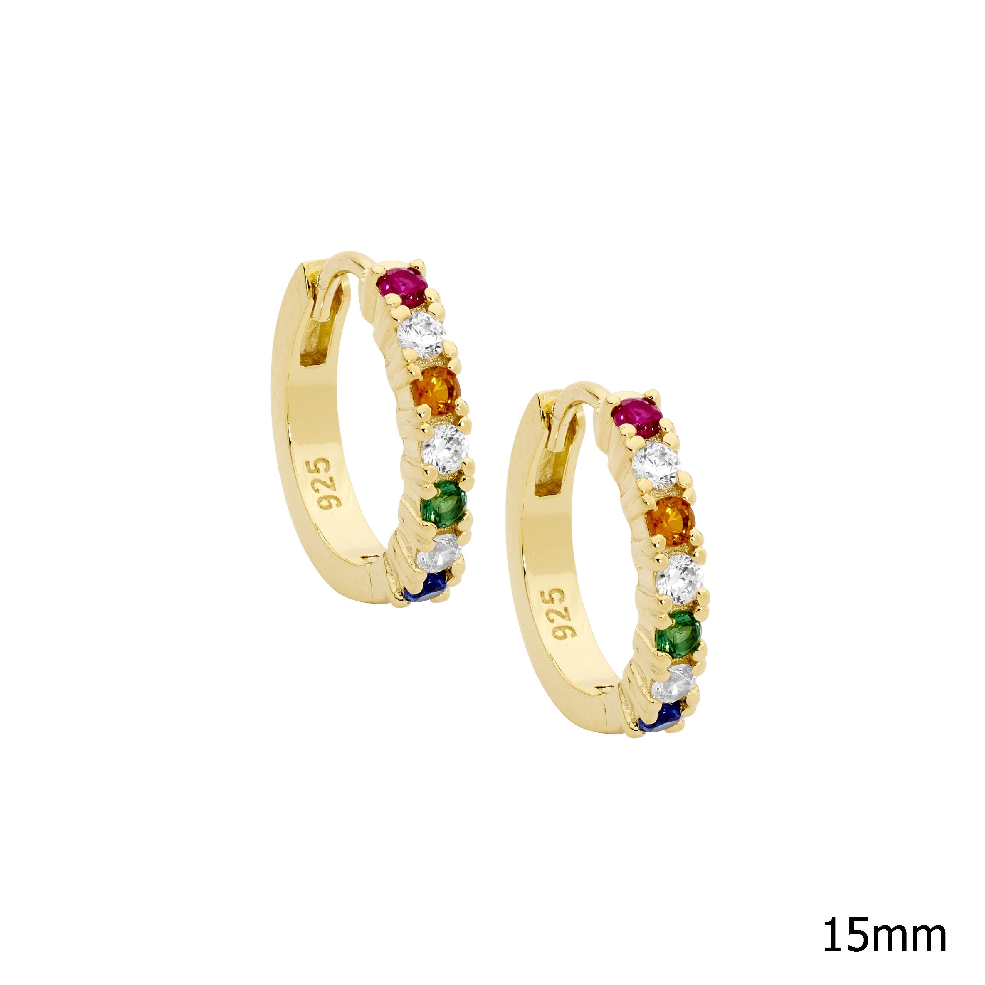 Sterling Silver & Multi Colour Cubic Zirconia 14mm Hoop Earrings With Gold Plating 