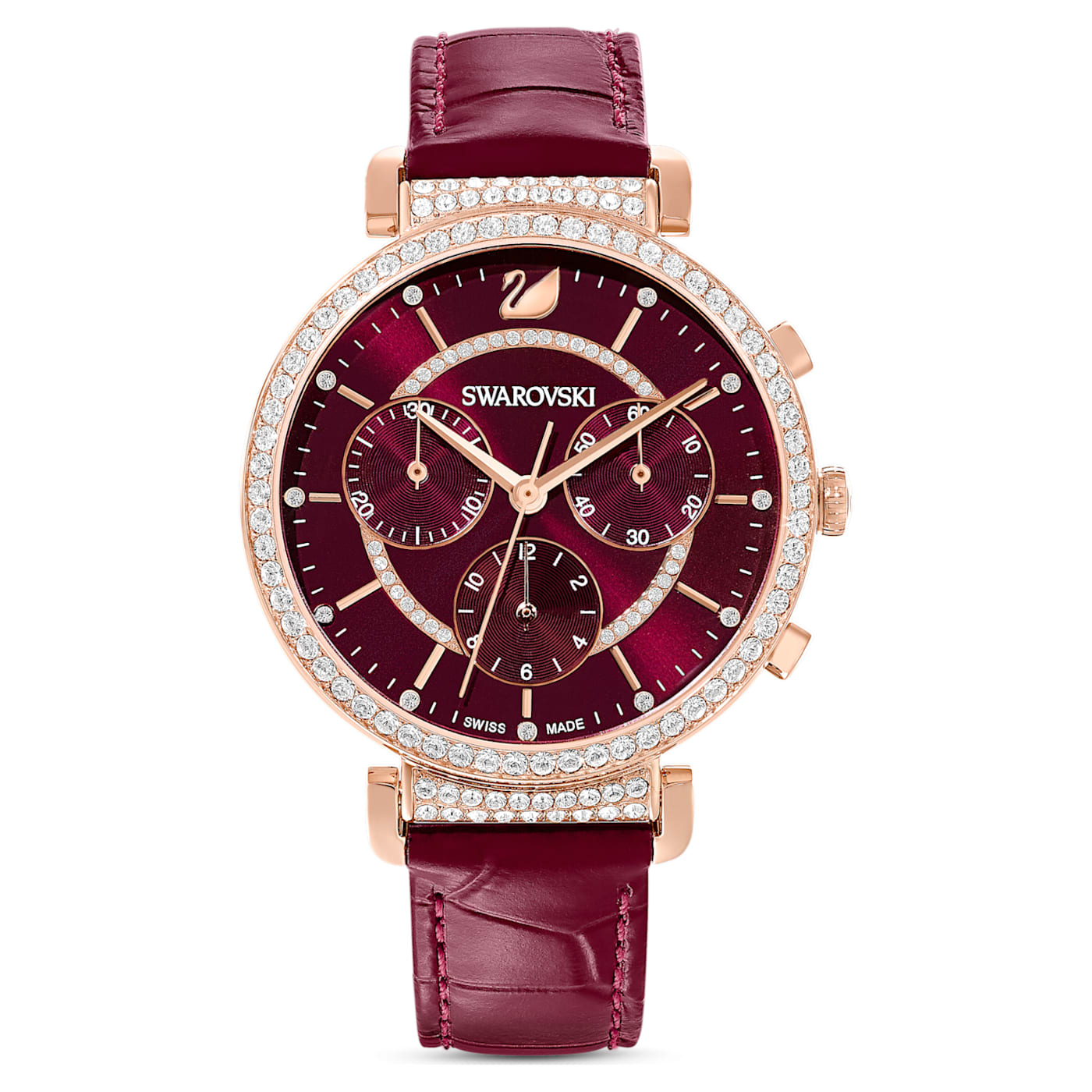 SWAROVSKI - Passage Chrono Watch Leather strap, Red, Rose-gold tone PVD